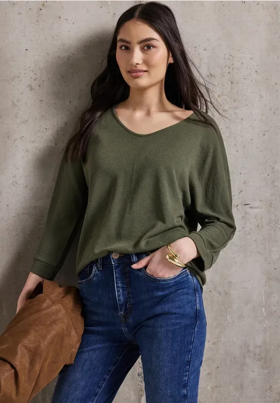 Street One Studio Frauen Strick-Look Shirt mit V-Neck in Grün, Gr: 36