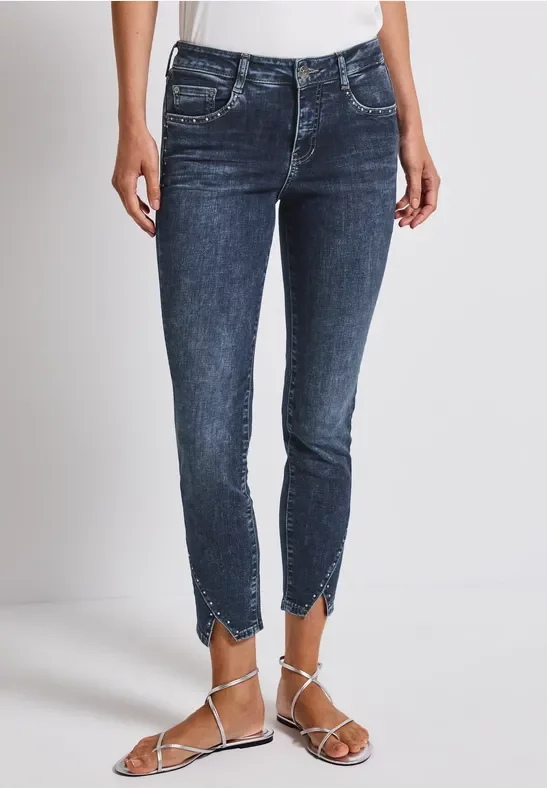 Street One Frauen Jeans mit Schlitz und Nieten in Beige, Gr: 27