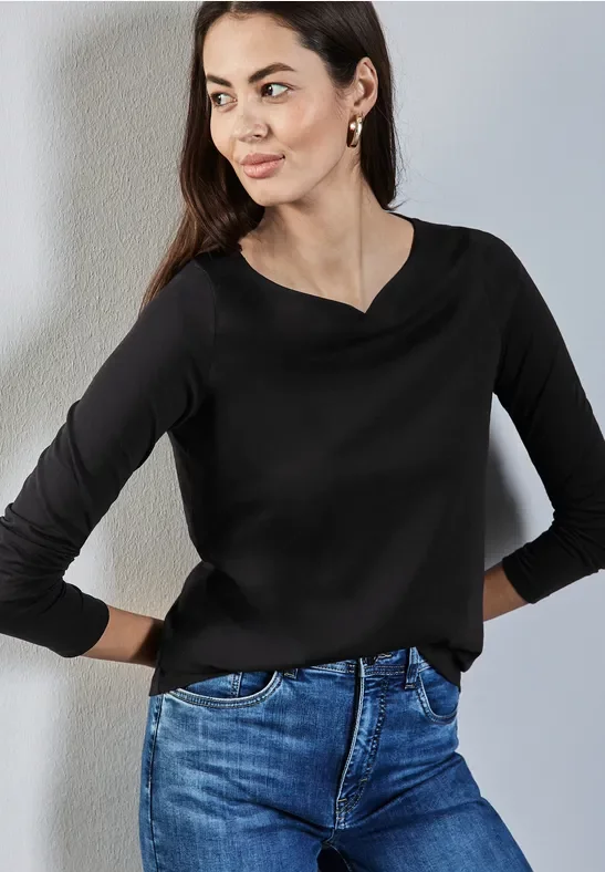 Street One Frauen Softes Langarmshirt in Schwarz, Gr: 36