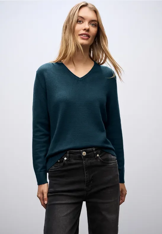 Street One Frauen Kuscheliger V-Neck Pullover in Türkis, Gr: 38
