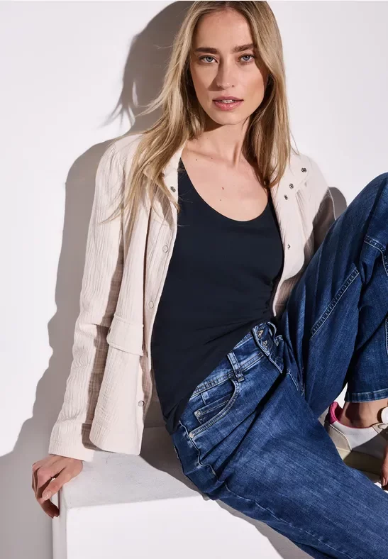 Street One Frauen Basic Top in Unifarbe in Blau, Gr: 44