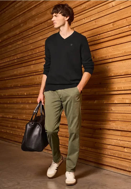 Street One MEN Männer Basic V-Neck Strickpullover in Schwarz, Gr: L