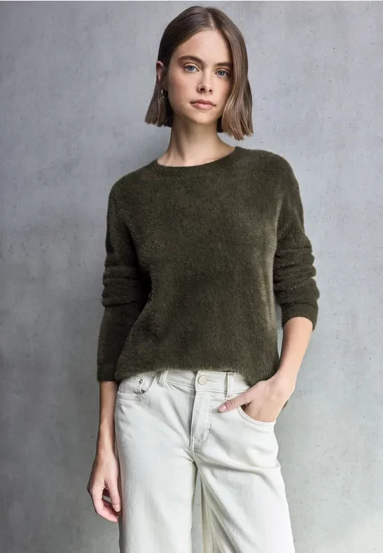 Street One Studio Frauen Kuscheliger Rundhalspullover in Grün, Gr: 40