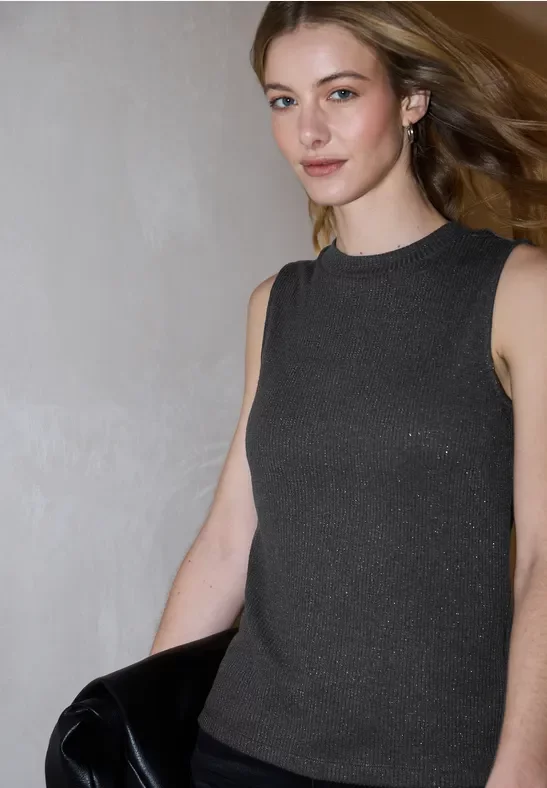 Street One Studio Frauen Glitzerndes Strick-Look Top in Grau, Gr: 36