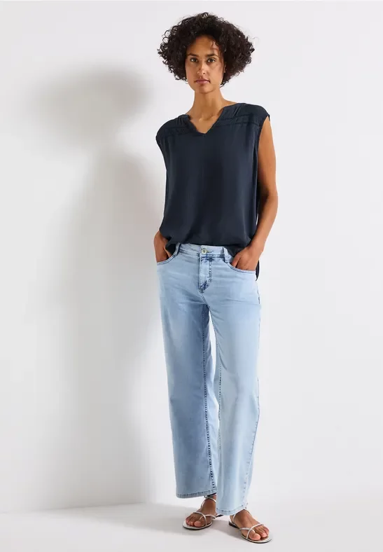 Thumbnail - Street One Frauen Crinkle Blusentop mit Tape in Blau, Gr: 38