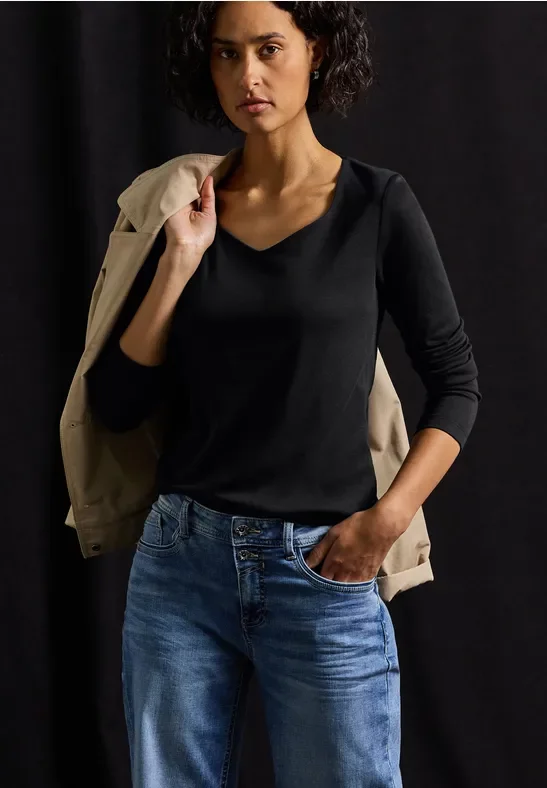 Street One Frauen Shirt mit Carrée Ausschnitt in Schwarz, Gr: 36