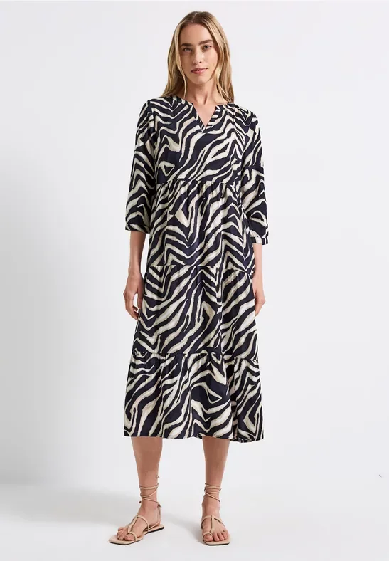 Street One Frauen Gemustertes Volant-Kleid in Blau, Gr: 38