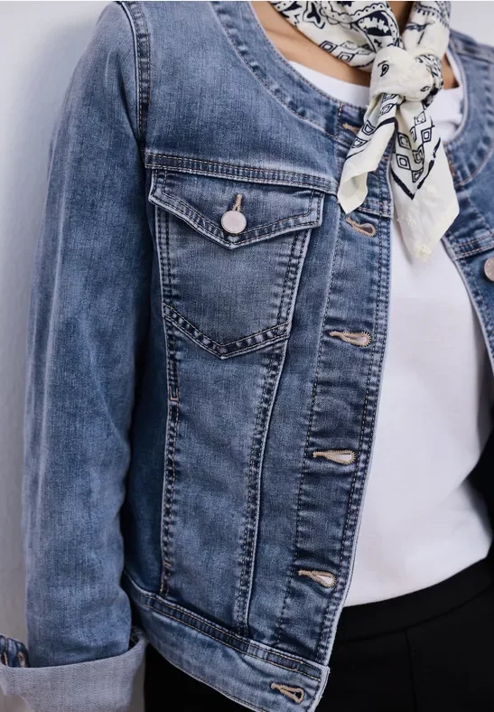 Street One Frauen Jeansjacke mit Rundhals und Knopfleiste in Blau, Gr: 46