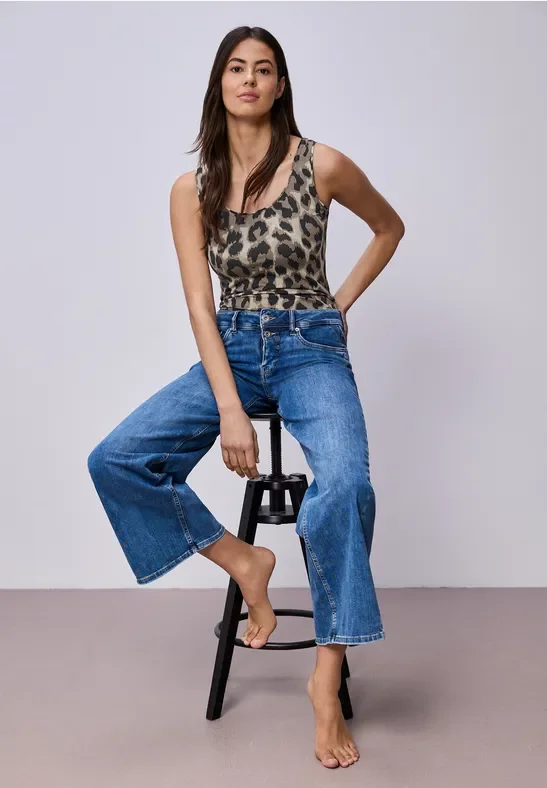 Street One Frauen Basic Top mit Rundhals im Leo-Muster in Beige, Gr: 38