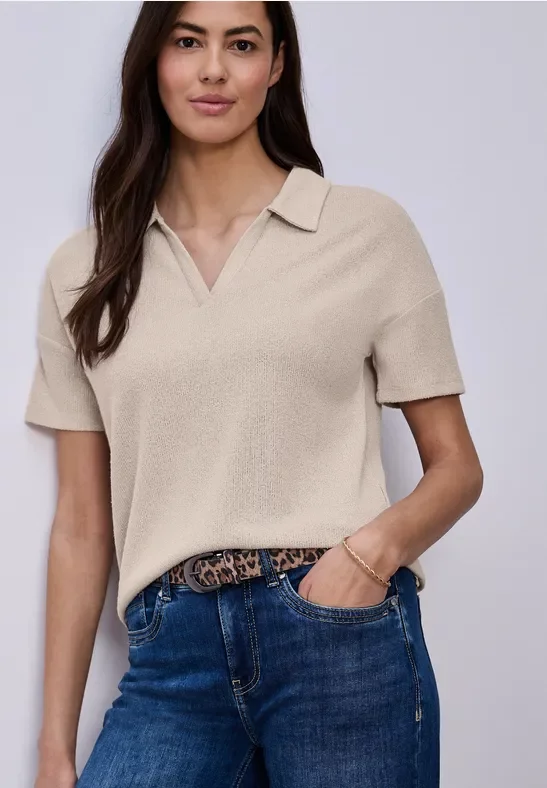 Street One Frauen Kurzarm Poloshirt in Unifarbe in Beige, Gr: 38