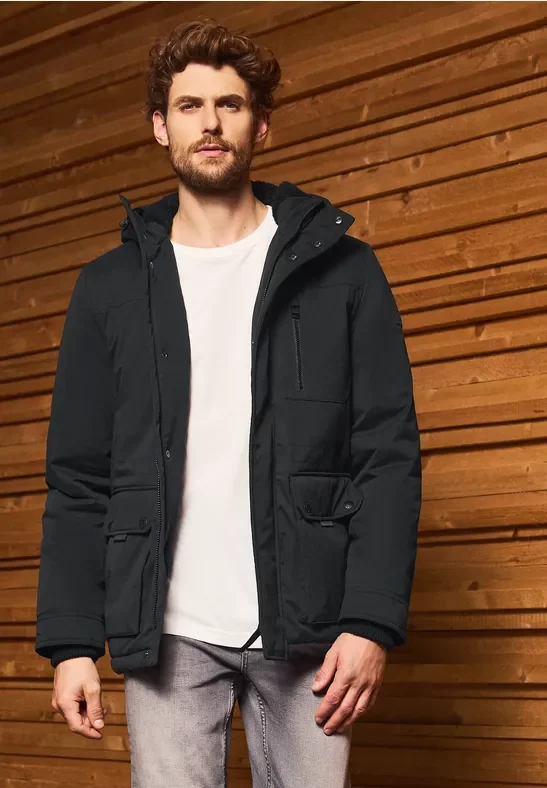Thumbnail - Street One MEN Männer Gefütterte Kapuzenjacke in Schwarz, Gr: 3XL