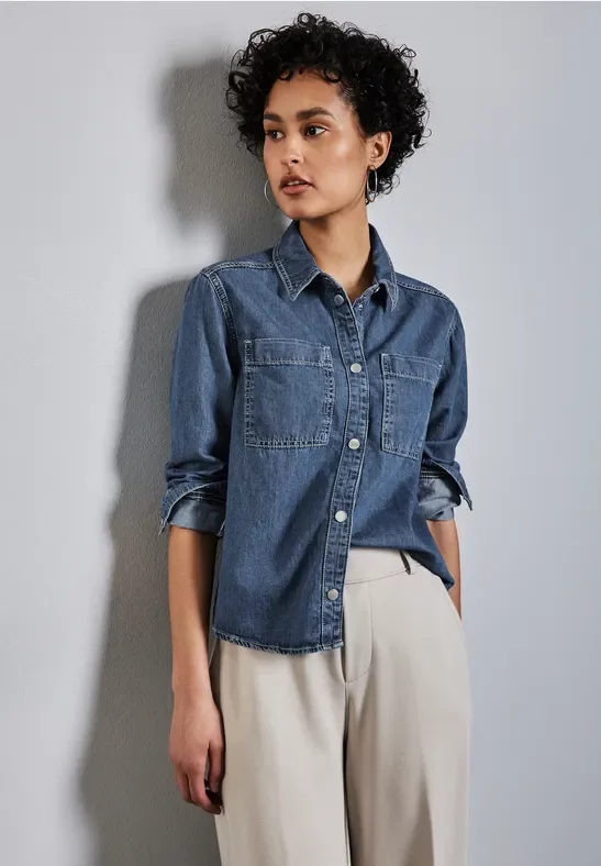 Street One Frauen Kurzes Jeanshemd in Blau, Gr: 44