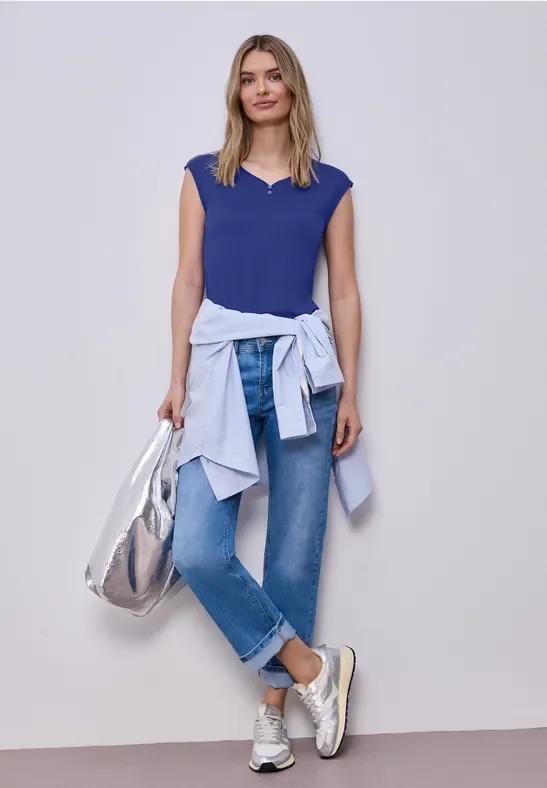 Street One Frauen Shirt mit gerundetem V-Ausschnitt in Blau, Gr: 38