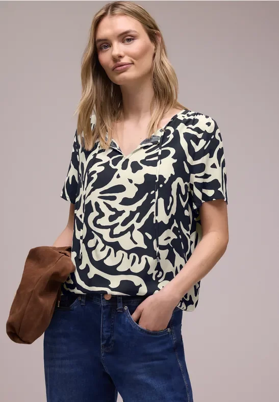 Street One Frauen Bluse mit Split Neck und Bändern in Blau, Gr: 36