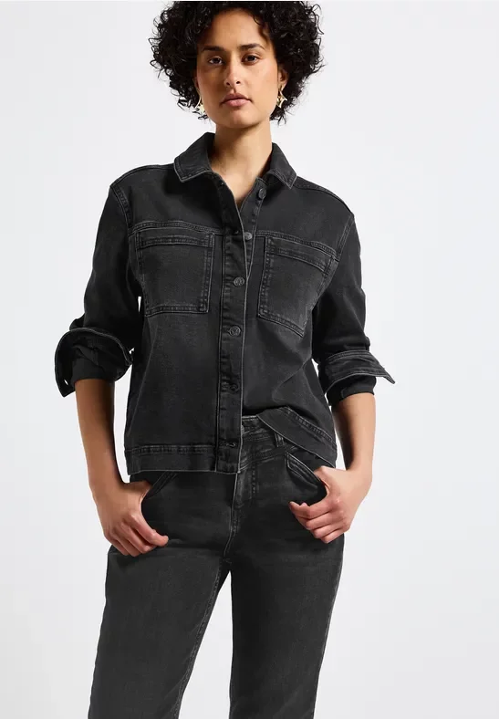 Street One Frauen Jeansjacke mit Brusttaschen in Schwarz, Gr: 46