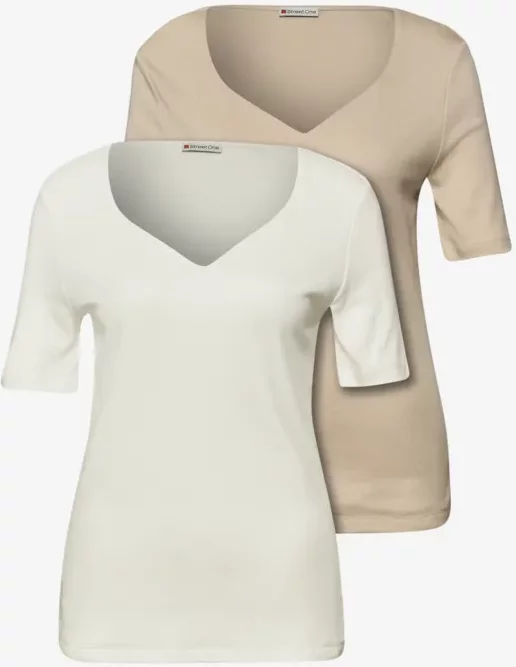 Street One Frauen T-Shirts mit Herzausschnitt im 2er-Pack in Beige|Weiß, Gr: 38
