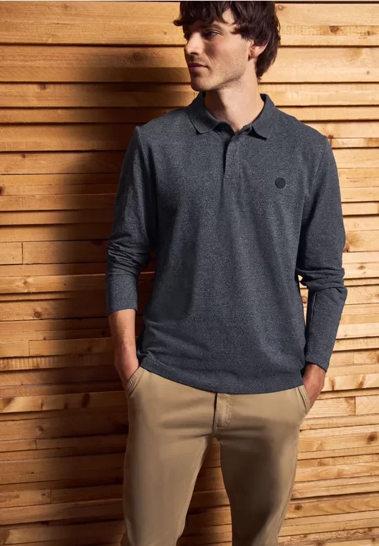 Thumbnail - Street One MEN Männer Two Tone Langarm Poloshirt in Blau, Gr: L