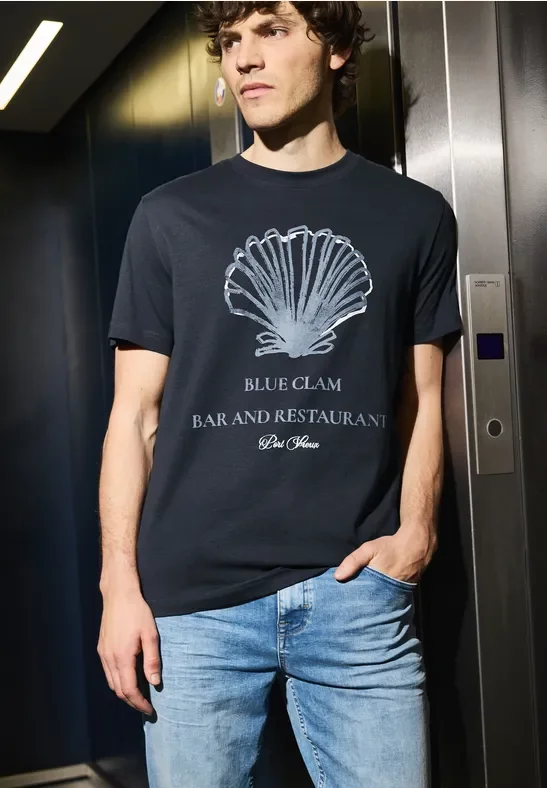 Street One MEN Männer T-Shirt mit Muschel-Print in Blau, Gr: 3XL