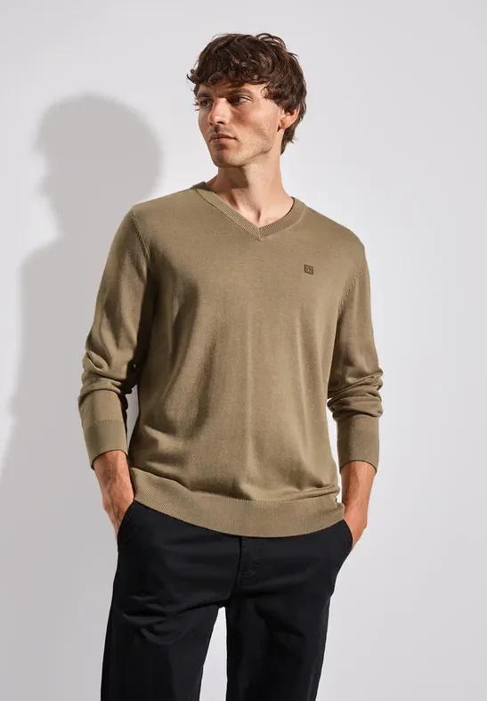 Thumbnail - Street One MEN Männer Basic V-Neck Strickpullover in Braun, Gr: 3XL
