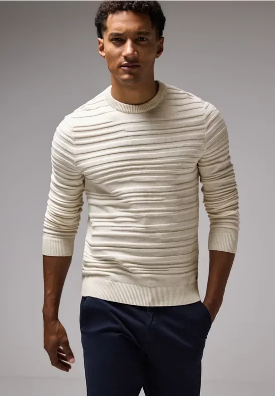 Thumbnail - Street One MEN Männer Pullover mit Strukturstreifen in Beige, Gr: XXL