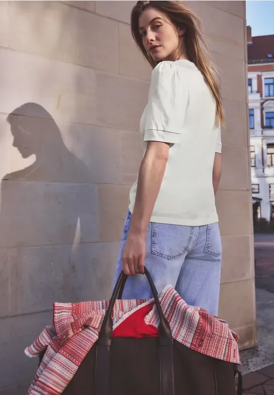 Street One Studio Frauen T-Shirt mit Rundhals und Puffärmeln in Weiß, Gr: 34