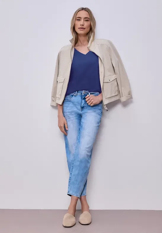 Street One Frauen Basic T-Shirt mit V-Neck in Blau, Gr: 34