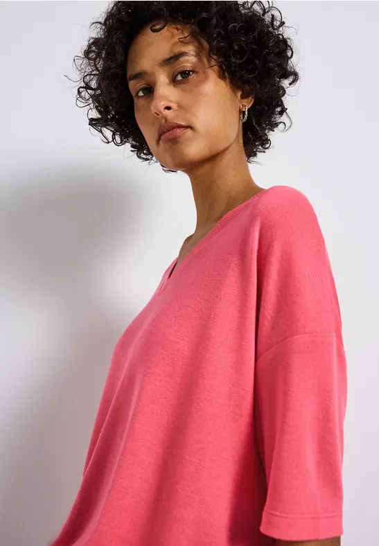 Street One Frauen Strick-Look V-Neck T-Shirt in Rosa, Gr: 44