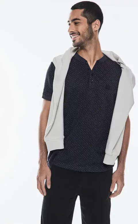 Street One MEN Männer Gemustertes Henley T-Shirt in Blau, Gr: XXL