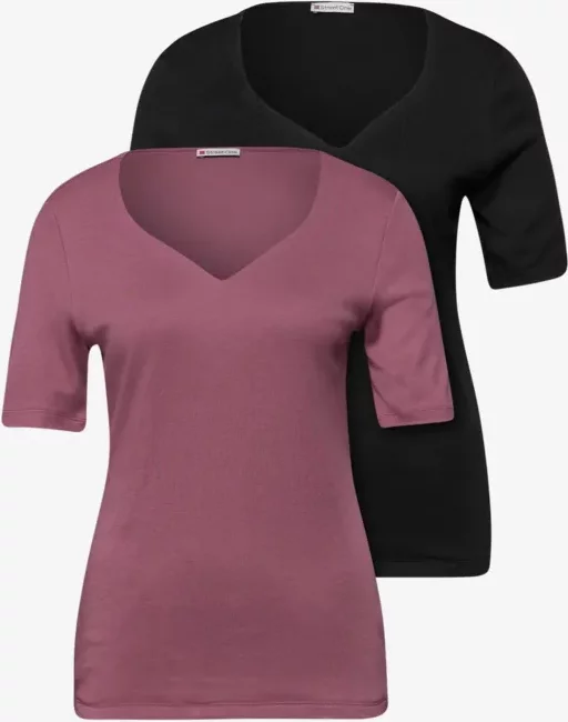 Street One Frauen T-Shirts mit Herzausschnitt im 2er-Pack in Pink|Schwarz, Gr: 42