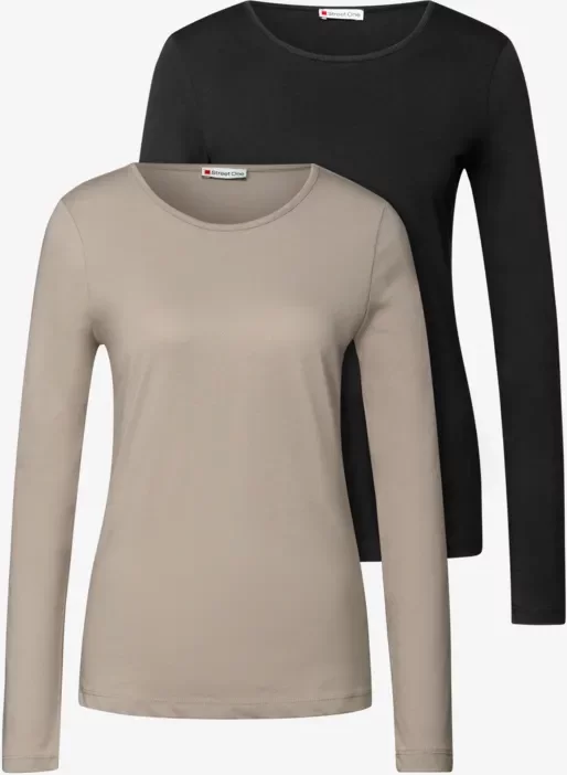 Street One Frauen 2er-Pack Langarmshirts in Multicolour|Schwarz|Beige, Gr: 46