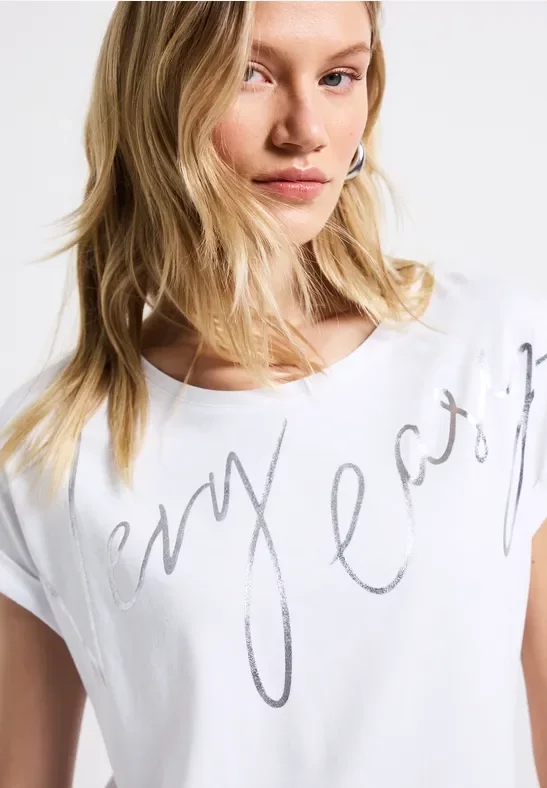 Thumbnail - Street One Frauen T-Shirt mit Folien-Wording in Weiß, Gr: 34