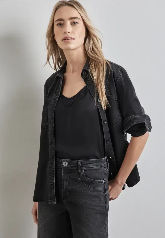 Street One Frauen Satin-Blusentop in Schwarz, Gr: 42