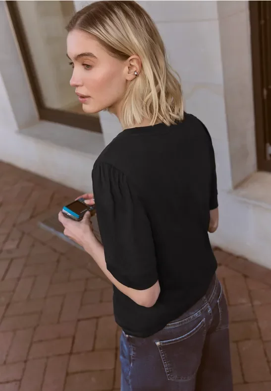 Street One Studio Frauen T-Shirt mit Rundhals und Puffärmeln in Schwarz, Gr: 44