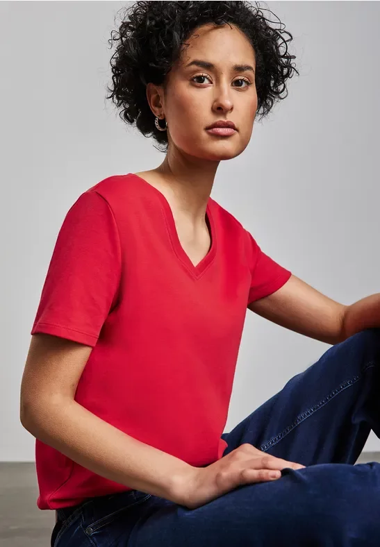 Street One Frauen Basic V-Neck Shirt in Rot, Gr: 34
