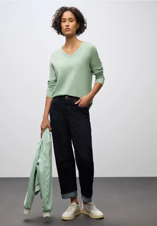 Street One Frauen Kuscheliger V-Neck Pullover in Grün, Gr: 42