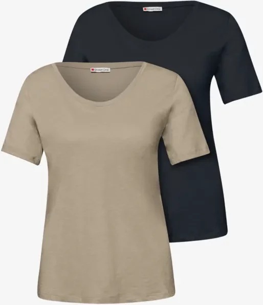 Street One Frauen Basic T-Shirt mit Kurzarm im 2er-Pack in Multicolour|Schwarz|Beige|Blau, Gr: 46