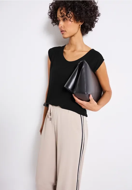 Thumbnail - Street One Frauen Jersey-Shirt mit Elastiksaum in Schwarz, Gr: 36