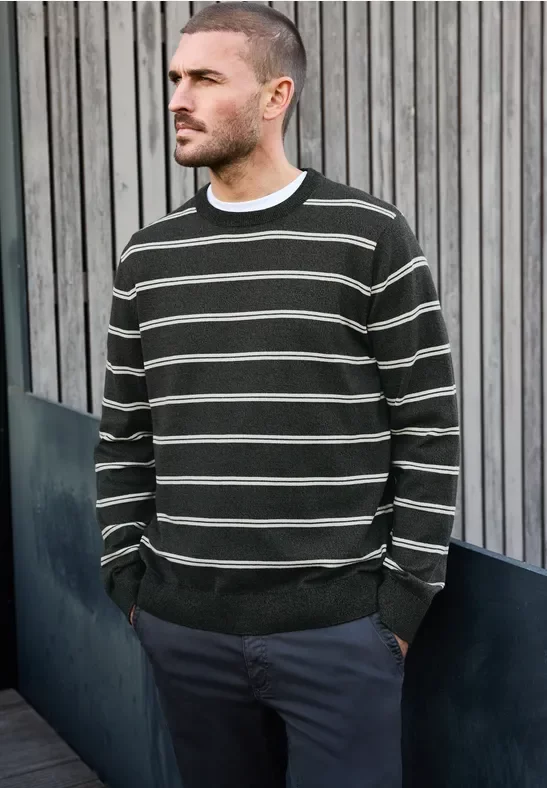 Street One MEN Männer Gestreifter Basic Pullover in Grau, Gr: 3XL