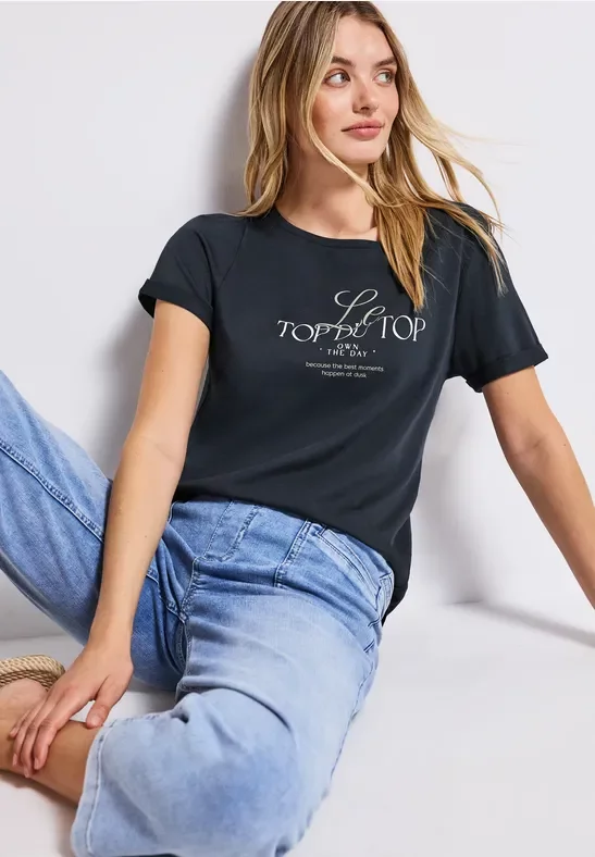 Street One Frauen Shirt mit Turn-Up-Detail in Blau, Gr: 42