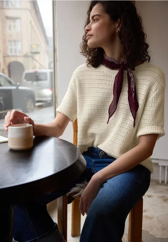 Street One Studio Frauen Kurzarm Pullover mit Lochmuster in Beige, Gr: 36