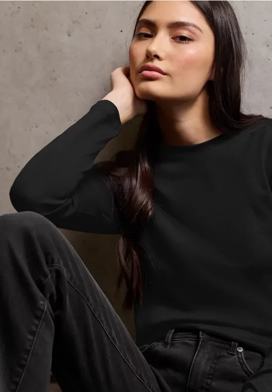 Thumbnail - Street One Studio Frauen Basic Langarmshirt in Schwarz, Gr: 34