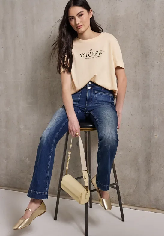 Thumbnail - Street One Studio Frauen T-Shirt mit Wording in Beige, Gr: 46