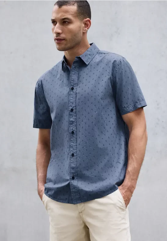 Street One MEN Männer Bedrucktes Popeline Hemd in Blau, Gr: S