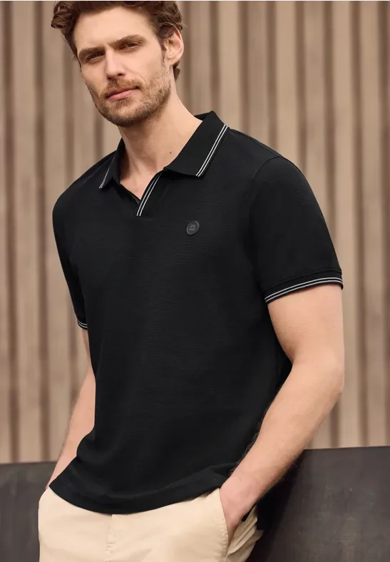 Street One MEN Männer Kurzarm Poloshirt mit Struktur in Schwarz, Gr: XXL