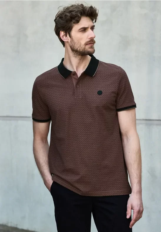 Street One MEN Männer Bedrucktes Piquée Poloshirt in Braun, Gr: M