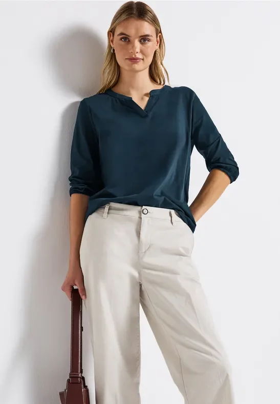 Street One Frauen Split Neck Jersey Shirt in Türkis, Gr: 34