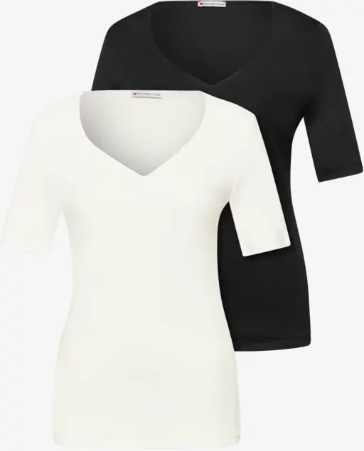 Street One Frauen T-Shirts mit Herzausschnitt im 2er-Pack in Weiß|Schwarz, Gr: 38