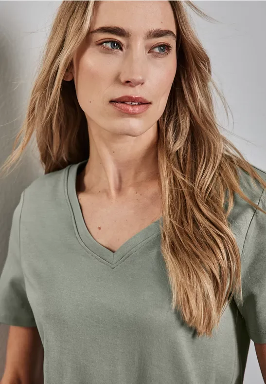 Street One Frauen Basic V-Neck Shirt in Grün, Gr: 34