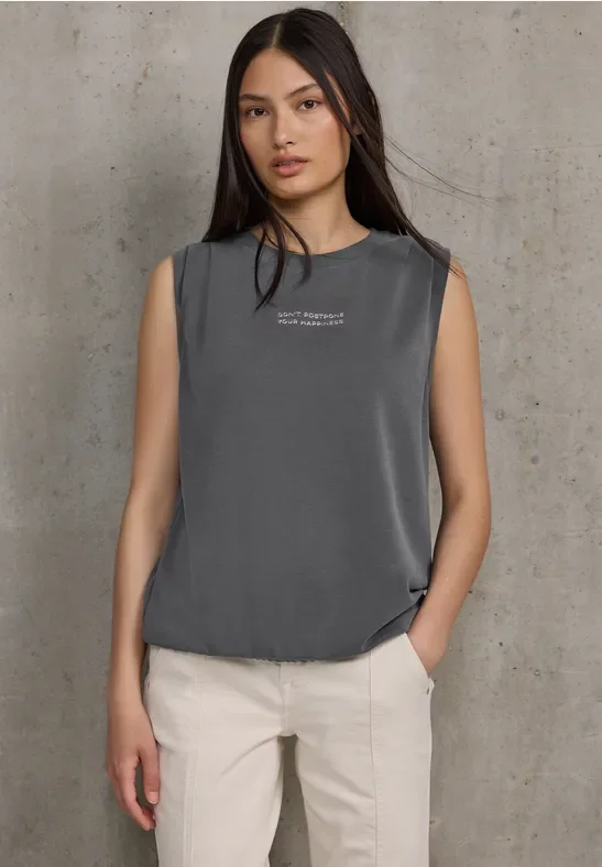 Street One Studio Frauen Silk-Look Top mit Wording in Grau, Gr: 40