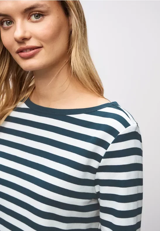 Street One Frauen Gestreiftes U-Boot Shirt in Türkis, Gr: 46